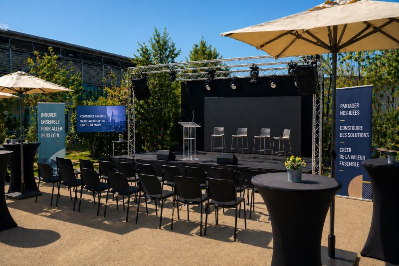 Location scène conférence en Normandie : mobilier, sonorisation, éclairage et vidéo